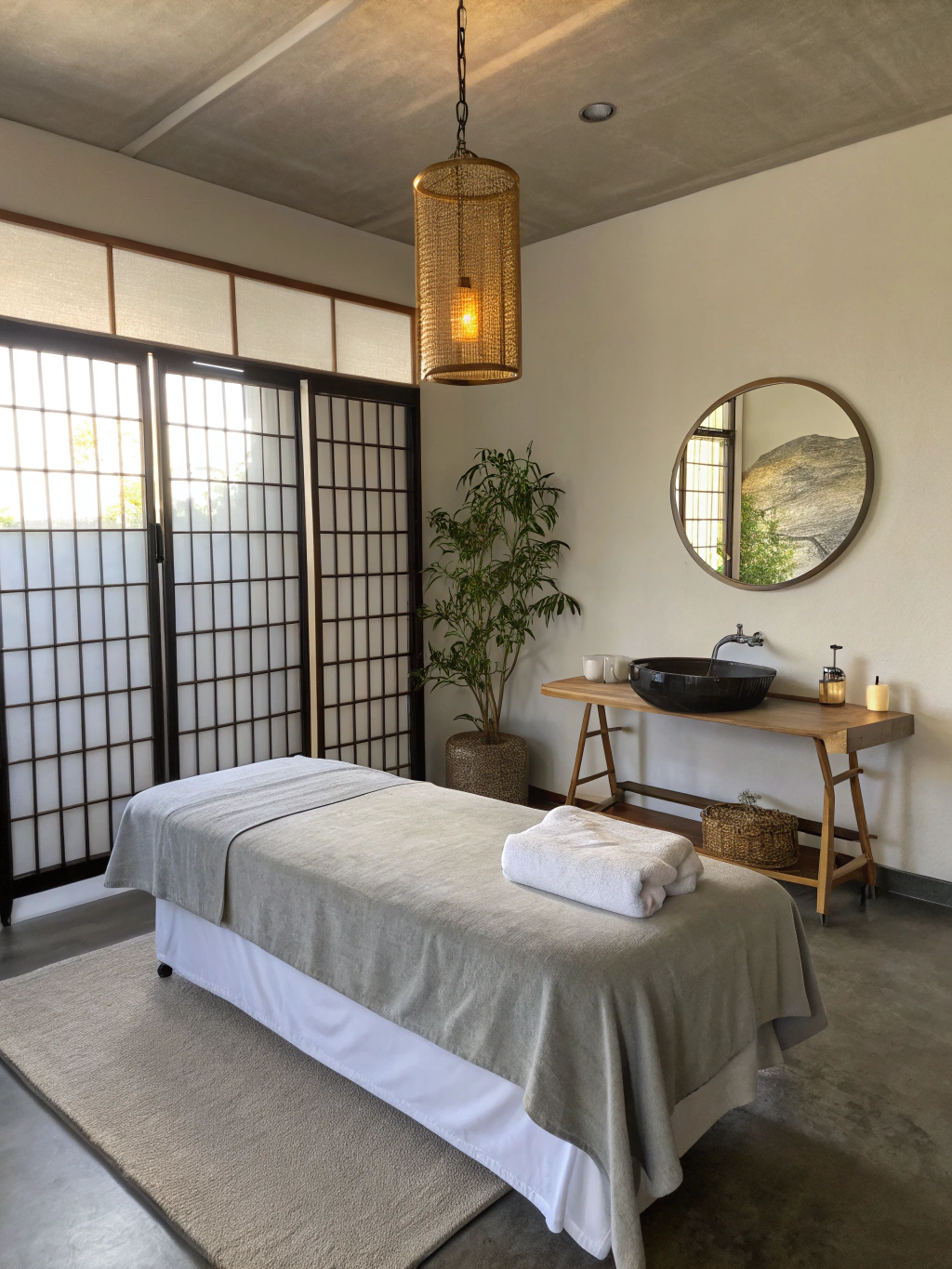 Sophisticated, minimalist aesthetic treatment space with soft lighting and rose gold accents