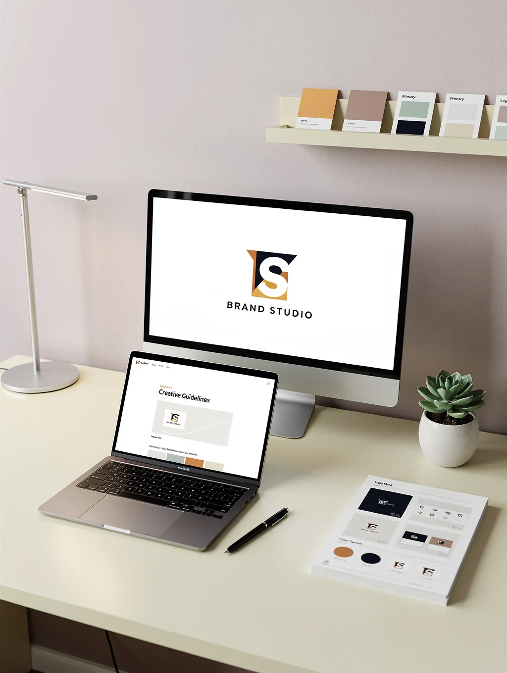 A modern creative workspace with design tools and color swatches