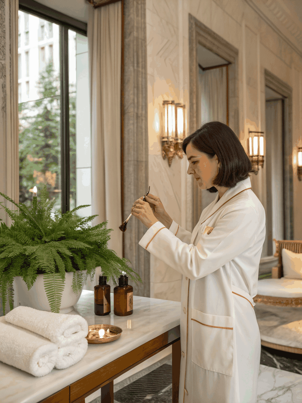 Dr. Amber Ojeda performing a personalized facial assessment in a serene, private setting